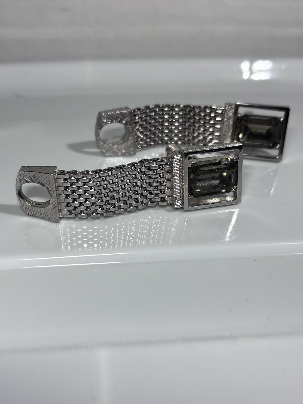 Vintage Swank mesh wrap cufflinks smoky quartz silver tone Retro Mid Century 70s
